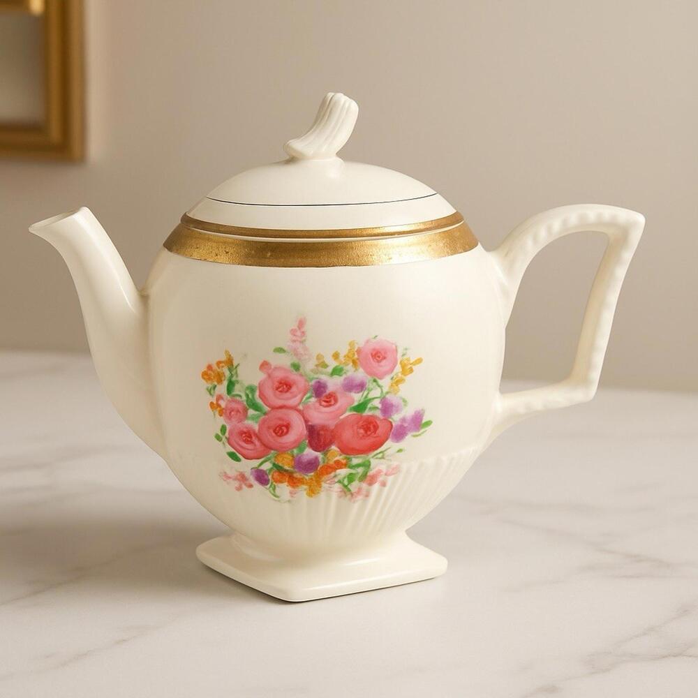 Royal China Sebring Ohio 1940s Teapot Floral Spray 22K Etch Gold, 4.5 x 7.25”